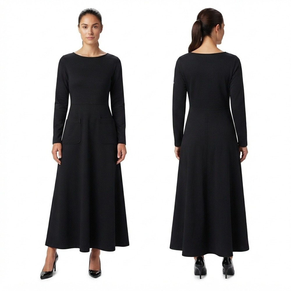 Coldwater Creek Dress M Petite PM Black Cotton Maxi Long Sleeve Rivet Pocket